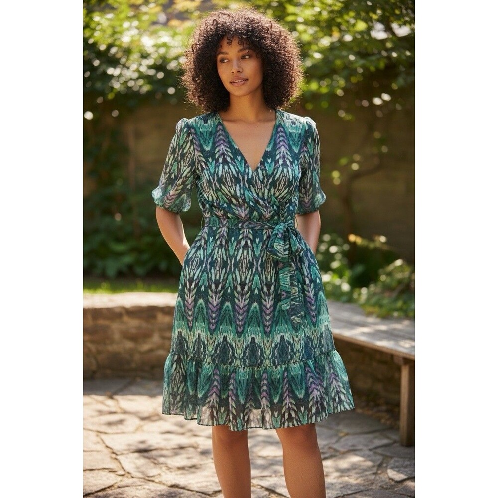 Melonie Green Purple Half Sleeve Chiffon Geometric Fit & Flare Dress Size 18